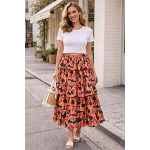 Dazey LA Anthropologie Pink Floral Tiered Ruffle Midi Skirt  Women's Size XL